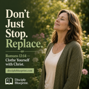 A woman stands in a garden with her eyes closed and face lifted toward the sunlight. Text reads, “Don’t Just Stop. Replace. Romans 13:14 — Clothe Yourself with Christ.”